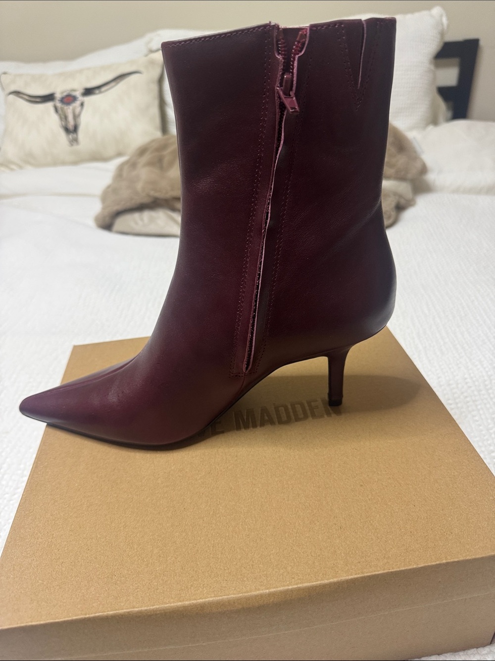 Steve Madden Burgundy Pointed Toe Mid-Calf Leather Boots - Picture 2 of 6